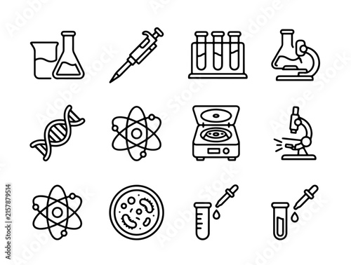 Modern Minimalist Flat Icons Set Featuring Lab Equipment, Science Tools, and Molecular Structures in Monochrome