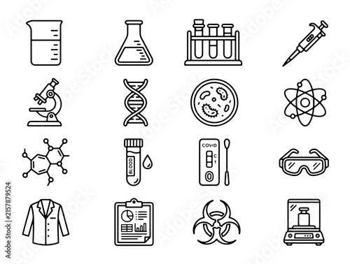 Minimalist Black and White Laboratory Equipment and Medical Research Icons Set with Scientific Tools
