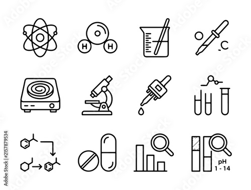 Modern Minimalist Flat Icons Set Featuring Science Lab Tools Chemistry Medical Research And Data Analytics