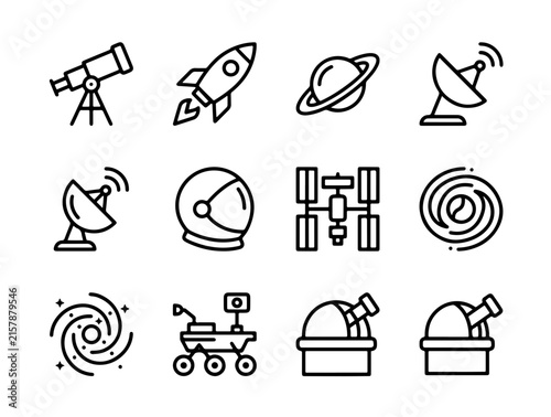Minimalist Black and White Space Exploration Icons Set Featuring Telescope, Rocket, Satellite, Mars Rover, and