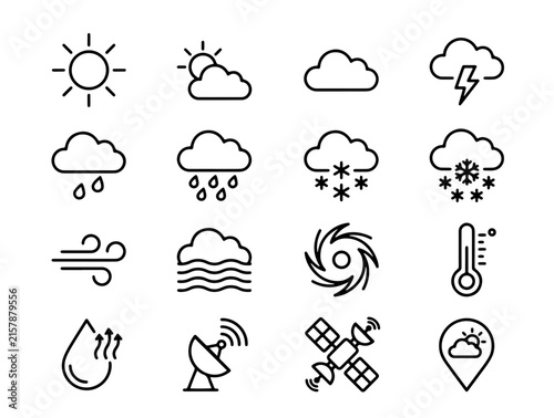 Minimalist Black and White Weather Icons Set Featuring Sun, Clouds, Storms, Precipitation, and Satellite Symbols in