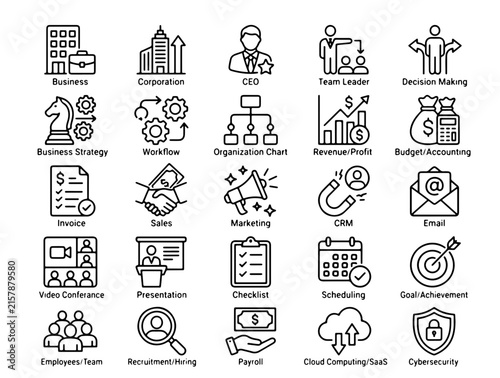 Modern Flat Icons Set Featuring Business Operations, Finance, Marketing, and Productivity Concepts in Minimalist