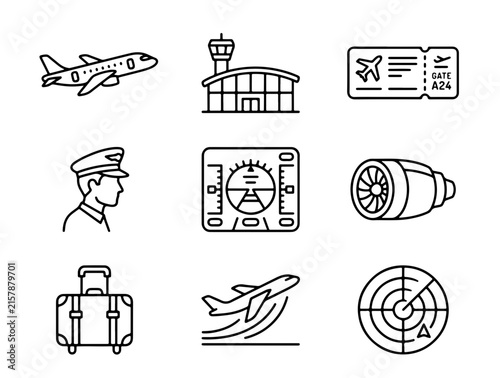 Minimalist Black and White Travel and Aviation Icon Set Featuring Aircraft, Airport Tower, Ticket, Pilot, Compass,