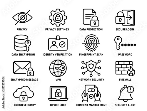 Modern Cybersecurity Icons Showcasing Digital Protection Solutions and Data Security Concepts in Clean Minimalist