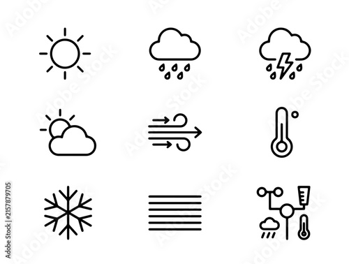 Minimalist Weather Icons Set Featuring Sun Clouds Rain Snow Wind Thermometer and Barometer Vector Symbols