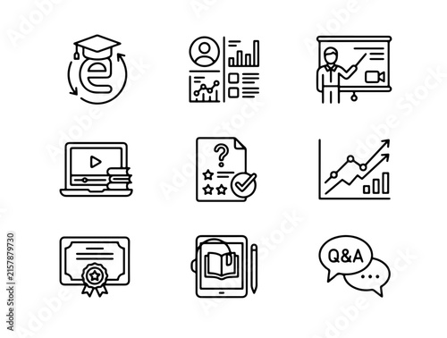 Modern Flat Icons Set Featuring Education, Business Analytics, Tech Support, and QA Communication Tools in