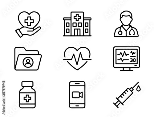 Modern Minimalist Medical Healthcare Icons Set Featuring Hospital Building, Doctor Profile, Heartbeat, Pill Bottle,