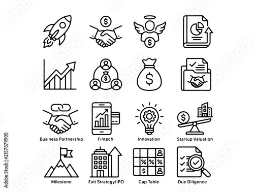 Modern Minimalist Icons Showcasing Business Growth, Finance, Real Estate, and Technology Concepts in Flat Vector
