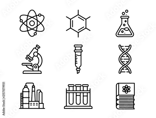Modern Minimalist Science and Research Icons Set Featuring Atomic Structure, Molecular Bond, Lab Glassware, DNA