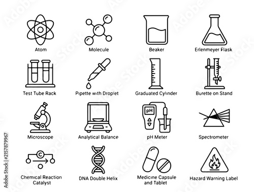 Educational Icons Set Featuring Science Lab Equipment, Technology, and Safety Symbols in Minimalist Black and White