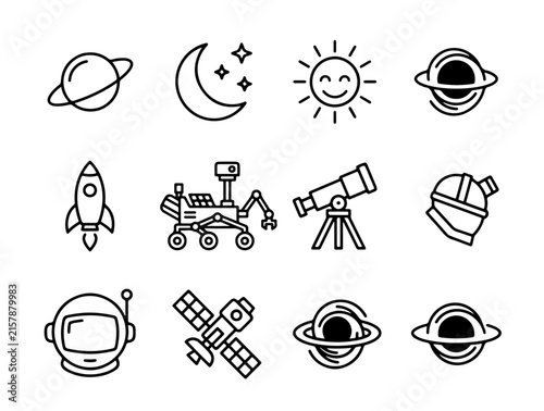 Whimsical Black and White Space Exploration Icons Set Featuring Celestial Bodies, Astronaut, Telescope, Rover, and