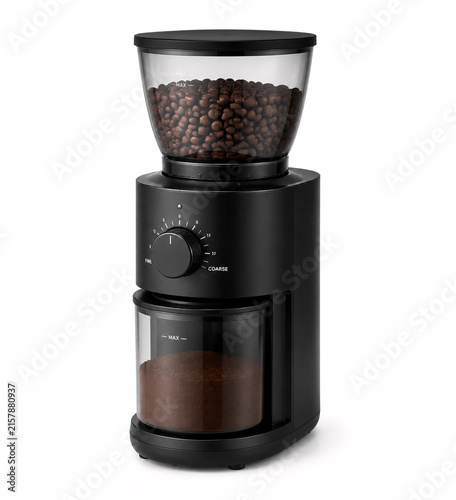 Electric coffee grinder with beans and grounds