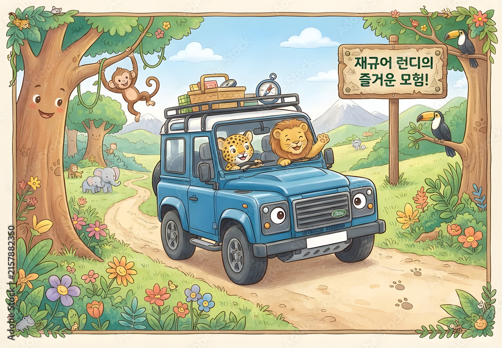 Obraz premium Cute safari cartoon illustration featuring a blue Land Rover and friendly animals in nature