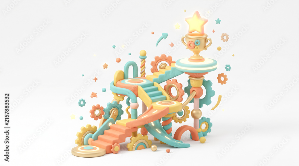Naklejka premium Whimsical 3D playground with gears and a trophy symbolizes achievement and progress
