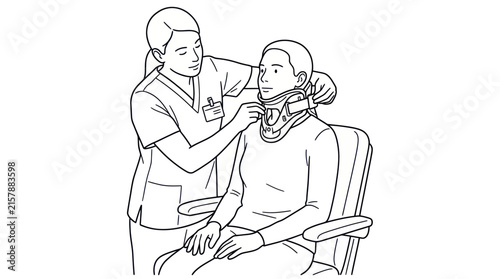 Foto Nurse applying cervical collar to patient line drawing