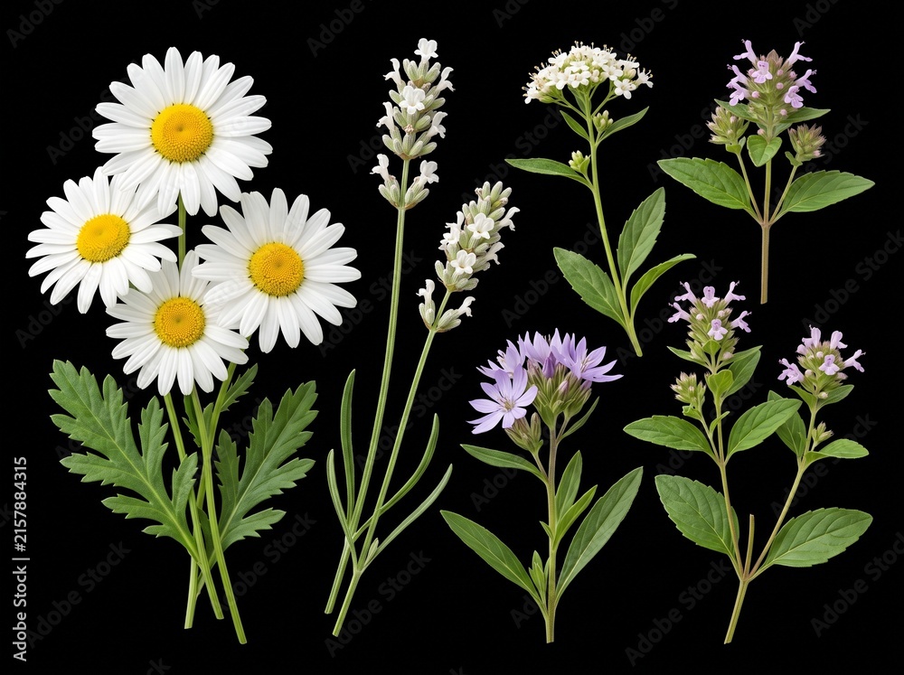 Fototapeta premium Botanical arrangement of a daisy, purple lavender, white blossoms, fern leaves, and red berries on black background.