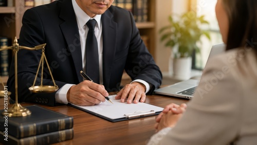 Attorney-client consultation in a law office: a suited lawyer writing on a clipboard next to scales of justice and law books while advising a seated client