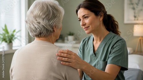 Compassionate nurse gently comforting an elderly female patient with a reassuring hand on her shoulder during a home or clinic visit, providing supportive eldercare and empathy