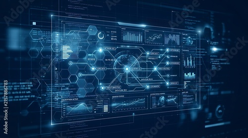 Futuristic digital dashboard displaying global data analytics and real-time city network monitoring