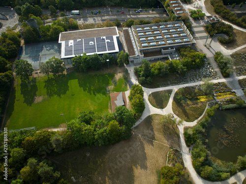 Aerial view of Swiss city of Zürich with Irchel public park on a summer morning. Photo taken August 15th, 2026, Zurich, Switzerland.