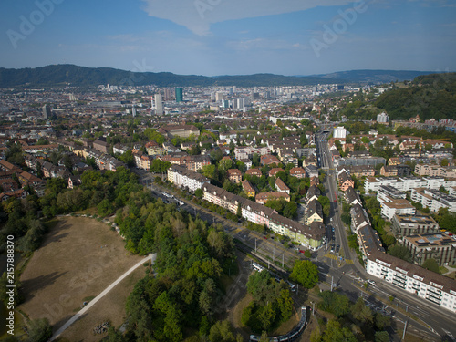 Aerial view of Swiss city of Zürich with local mountain Uetliberg in the background on a summer morning. Photo taken August 15th, 2026, Zurich, Switzerland.