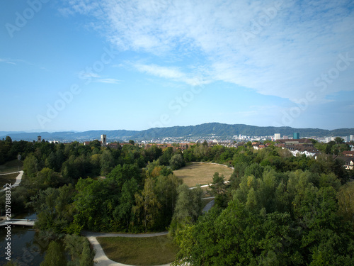 Aerial view of Swiss city of Zürich with local mountain Uetliberg in the background on a summer morning. Photo taken August 15th, 2026, Zurich, Switzerland.