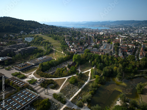 Aerial view of Swiss city of Zürich with Irchel public park on a summer morning. Photo taken August 15th, 2026, Zurich, Switzerland.
