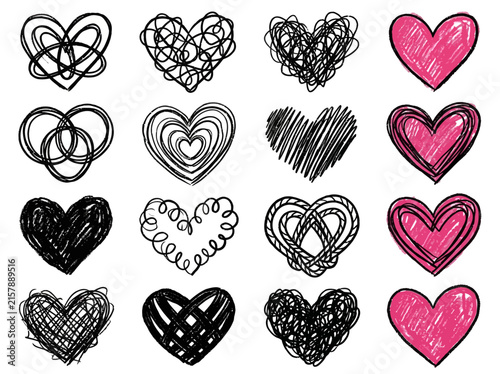 Set of Hand Drawn Scribble and Sketch Hearts with Pink Accents for Romantic Valentine Day Creative Graphic Design Projects