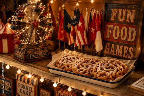 Ferris wheel ornament with carnival flags and miniature funnel cakes on shelf, fair themed retail display concept