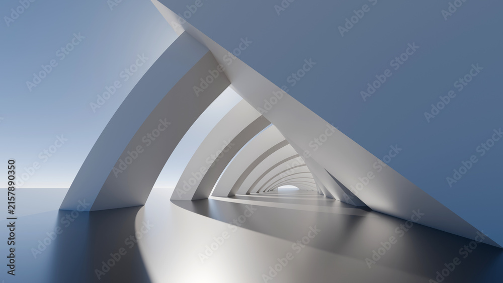 Naklejka premium Futuristic white architectural tunnel with repetitive curved geometric arches. Ideal background for modern technology presentations, corporate branding, digital art, and luxury design projects