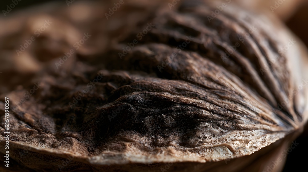 Fototapeta premium Close up of a textured walnut shell surface showing natural ridges and earthy tones under soft lighting