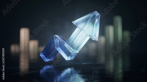 glass glowing upward arrow symbol on dark reflective surface with blurred bar chart background