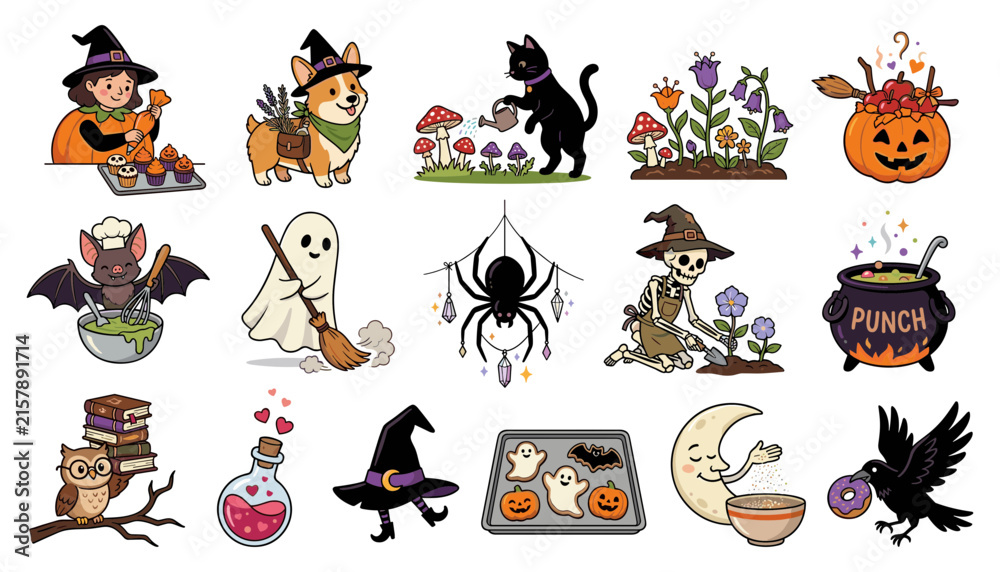 Fototapeta premium Cute Halloween Sticker Set with Witch, Black Cat, Ghost, Skeleton, Cauldron, Raven and Magical Characters