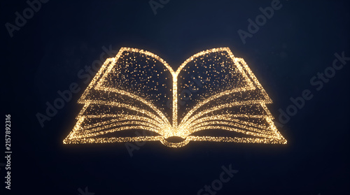 glowing book outline made of golden sparks on a dark blue background