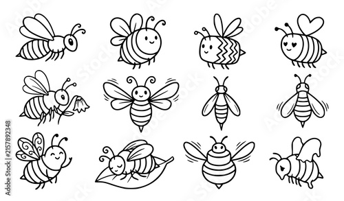 Cute cartoon bee hand drawn doodle outline vector icon collection