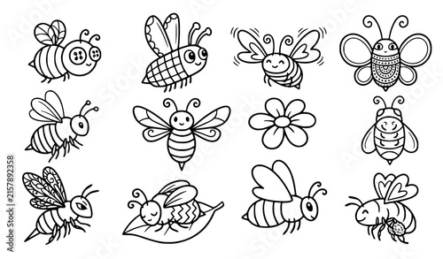 Honeybee cartoon flying insect hand drawn doodle outline vector set