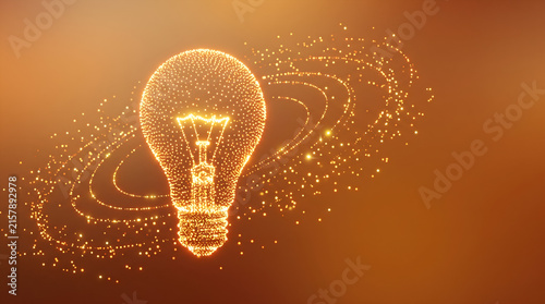 digital illustration of glowing light bulb made of particles with golden swirling light rings