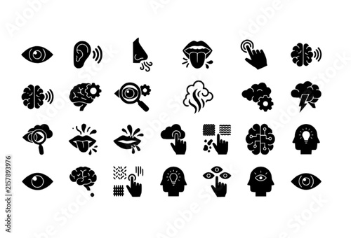 Five senses glyph icon pack with vision hearing smell taste and touch perception symbols