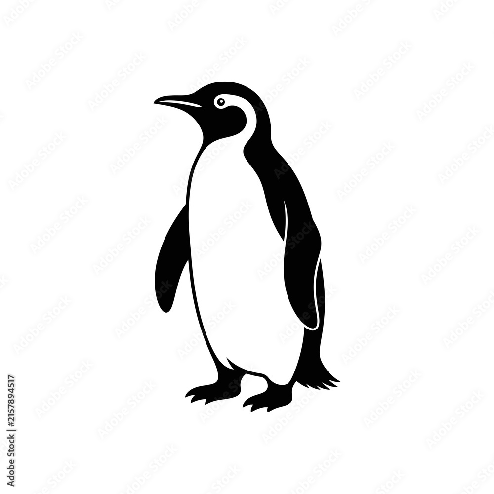 Fototapeta premium Minimalist penguin vector icon, black and white emperor penguin silhouette, standing arctic bird graphic for logo design