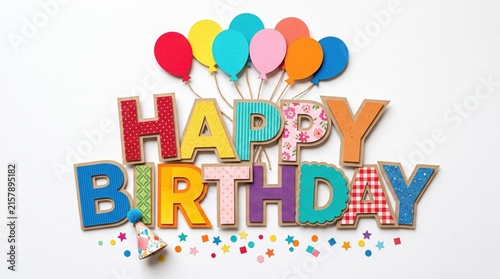 Bright happy birthday text illustration with colorful balloons and party hats