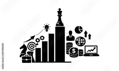 Chess king standing on the tallest financial bar graph surrounded by business strategy pieces