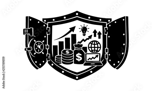 Giant shield opening like a vault to reveal growing financial charts and investment icons
