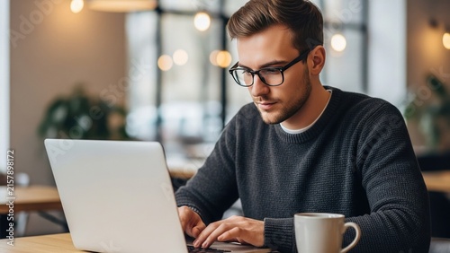 Young man working on laptop computer in a cafe