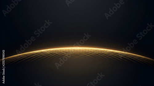 Abstract golden glowing grid mesh curved like a planet horizon on dark background