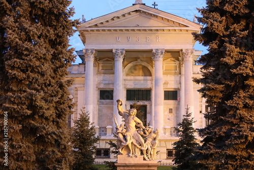 statue of laocoon and his sons. sculpture in pastel colors. beautiful view of white color monument in the evening lights