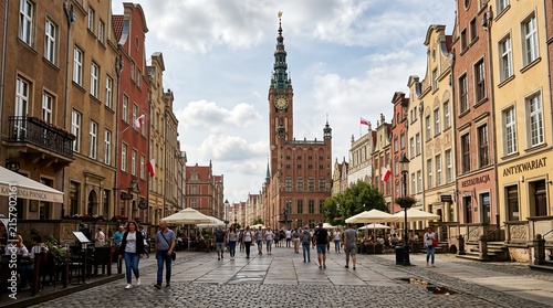 The architecture of Gdansk's old town featuring the Main City Hall in Poland