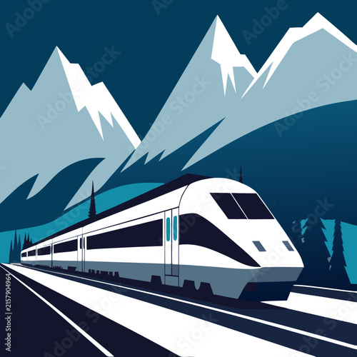 Modern train traveling through mountain scenery