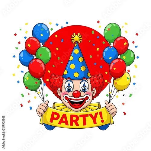 A happy clown holding balloons and a party banner smiling joyfully