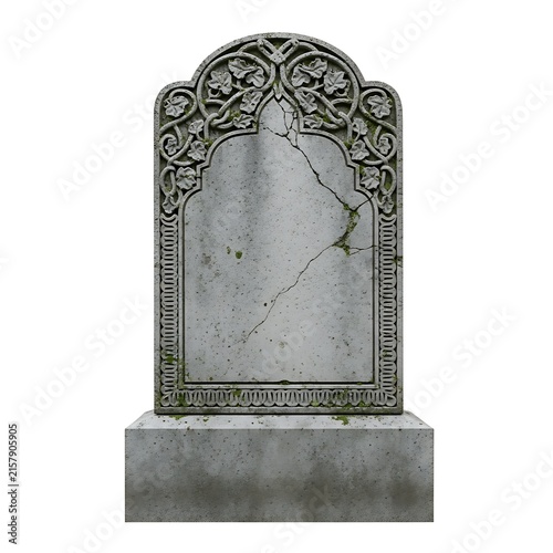 A gray stone headstone with intricate carvings on a white background