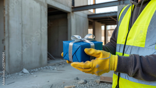 Construction worker hands in safety gloves holding blue gift box at building site, employee reward and recognition